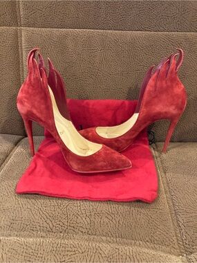 Christian Louboutin Red Flame 100mm Red Sole Suede Wing-Back Stiletto Pumps